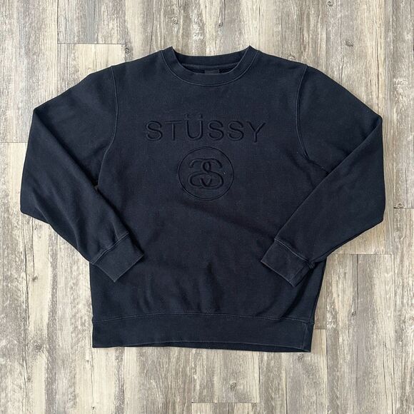 Vintage Y2K Stussy Black on Black Embroidered Big Logo Sweatshirt Size Medium - Picture 1 of 6
